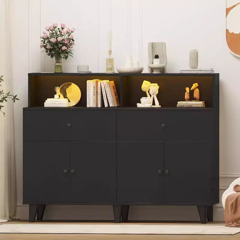 Credenza buffet da 120 cm con 6 cassetti, ripiano regolabile, luci a LED e stazione di ricarica per cucina e sala da pranzo