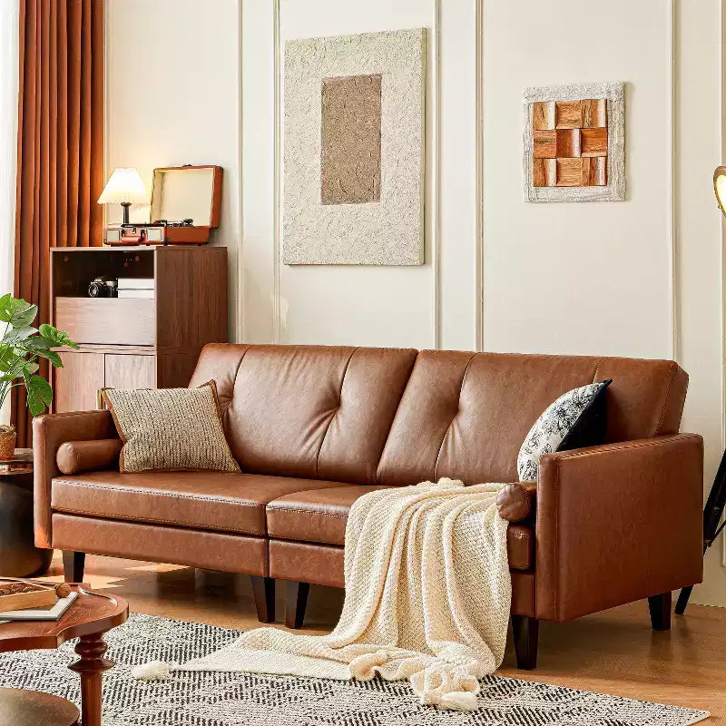 ATJafurn 86 Brown Tufted Leather Sofa with Deep Seat, Mid-Century Modern Upholstered Sectional Couch Retro Luxurious Loveseat for Living Room Bedroom