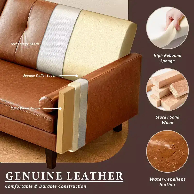 ATJafurn 86 Canapé marron en cuir capitonné avec assise profonde, canapé sectionnel rembourré de style moderne du milieu du siècle, causeuse de luxe rétro pour salon, chambre à coucher