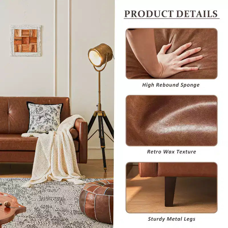 ATJafurn 86 Canapé marron en cuir capitonné avec assise profonde, canapé sectionnel rembourré de style moderne du milieu du siècle, causeuse de luxe rétro pour salon, chambre à coucher
