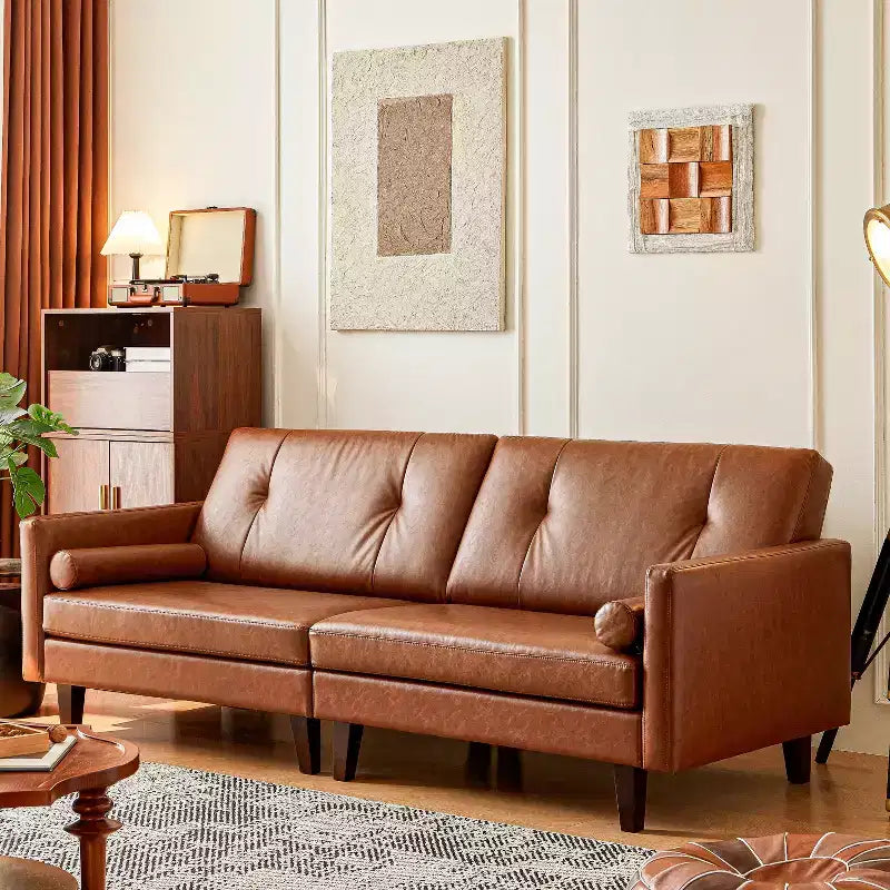 ATJafurn 86 Canapé marron en cuir capitonné avec assise profonde, canapé sectionnel rembourré de style moderne du milieu du siècle, causeuse de luxe rétro pour salon, chambre à coucher