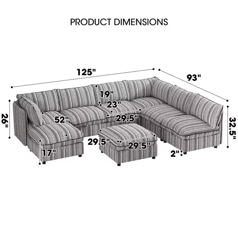 Divano componibile a U GDFStudio Jeju Modular 8 pezzi, rivestito con contenitore, 317,5 x 236 cm, con pouf