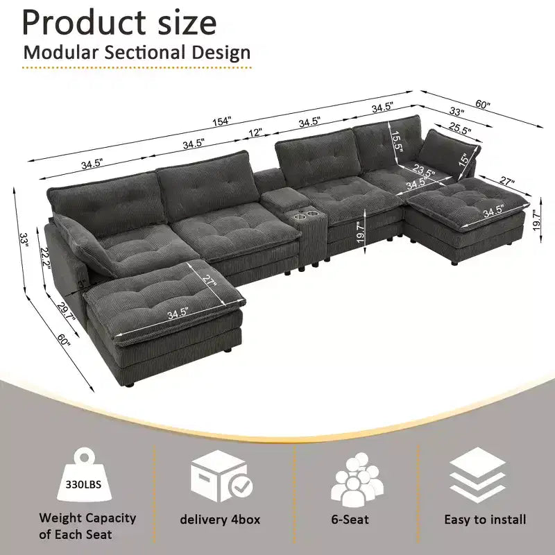 GDFStudio Ara Divano Sezionale Moderno a U in Velluto a Coste con Ottomana, USB e Portabicchieri, 154 cm