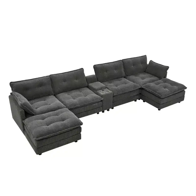 GDFStudio Ara Divano Sezionale Moderno a U in Velluto a Coste con Ottomana, USB e Portabicchieri, 154 cm
