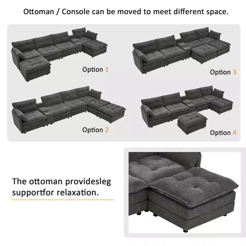 GDFStudio Ara Divano Sezionale Moderno a U in Velluto a Coste con Ottomana, USB e Portabicchieri, 154 cm