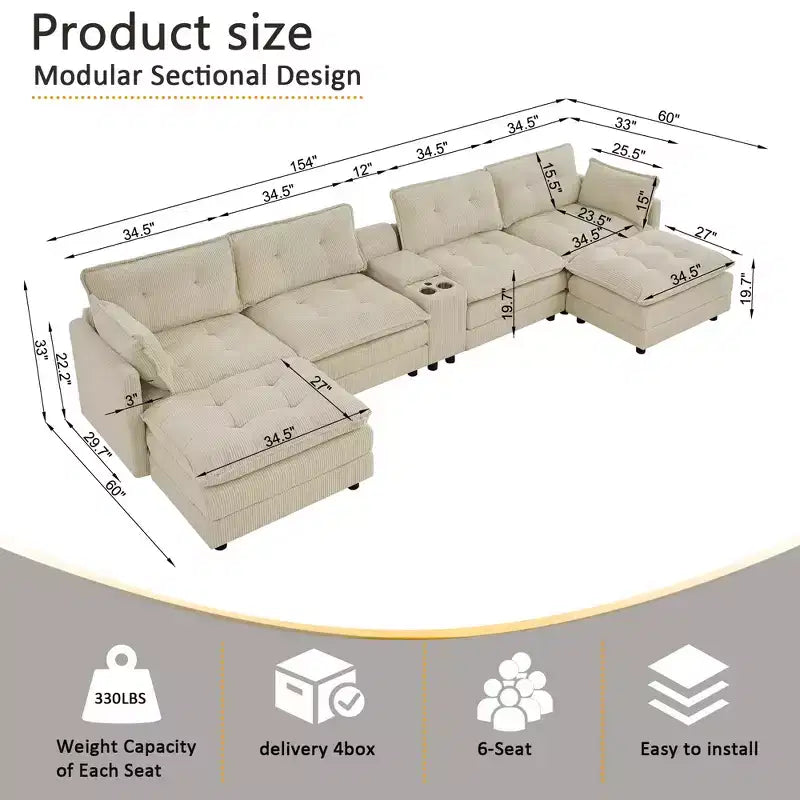 GDFStudio Ara Divano Sezionale Moderno a U in Velluto a Coste con Ottomana, USB e Portabicchieri, 154 cm