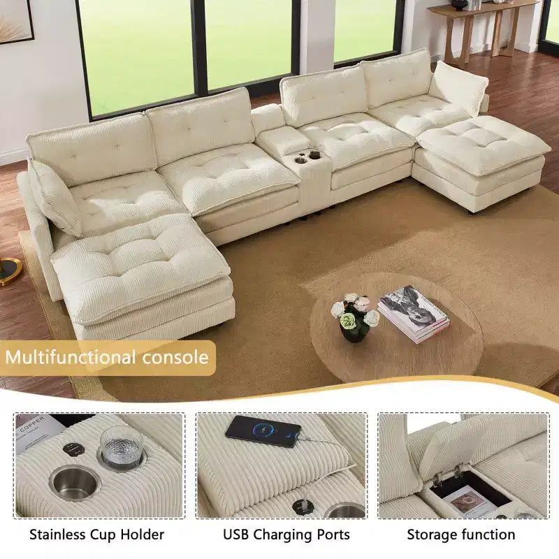 GDFStudio Ara Divano Sezionale Moderno a U in Velluto a Coste con Ottomana, USB e Portabicchieri, 154 cm