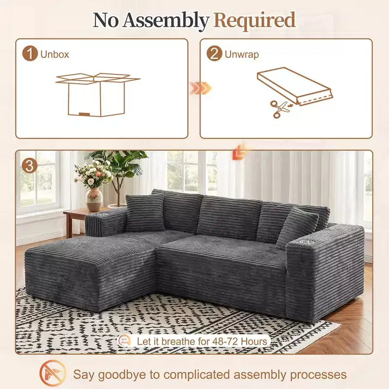 Divano componibile Celebalcony 103 Boneless, chaise longue a L con 2 portabicchieri, divani Cloud in velluto a coste felpato per soggiorno, nessun assemblaggio