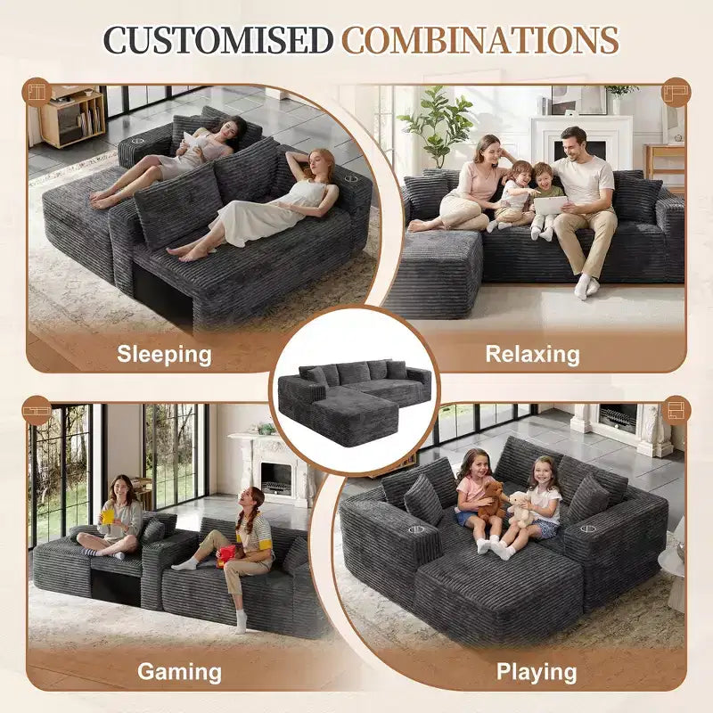 Divano componibile Celebalcony 103 Boneless, chaise longue a L con 2 portabicchieri, divani Cloud in velluto a coste felpato per soggiorno, nessun assemblaggio