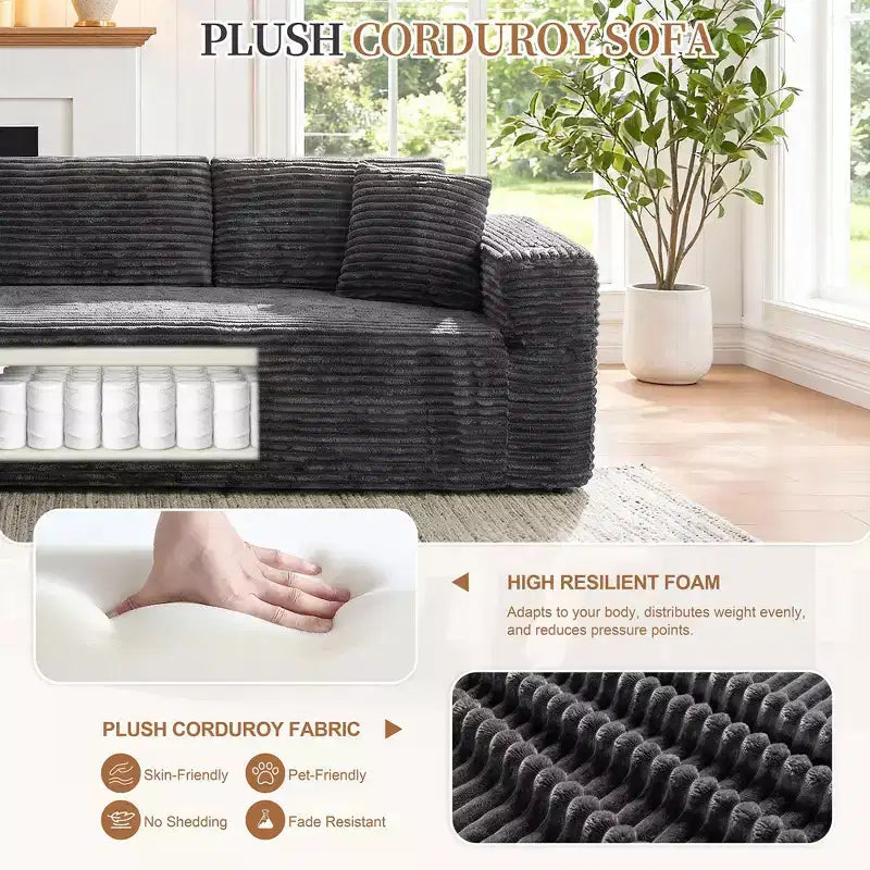 Divano componibile Celebalcony 103 Boneless, chaise longue a L con 2 portabicchieri, divani Cloud in velluto a coste felpato per soggiorno, nessun assemblaggio