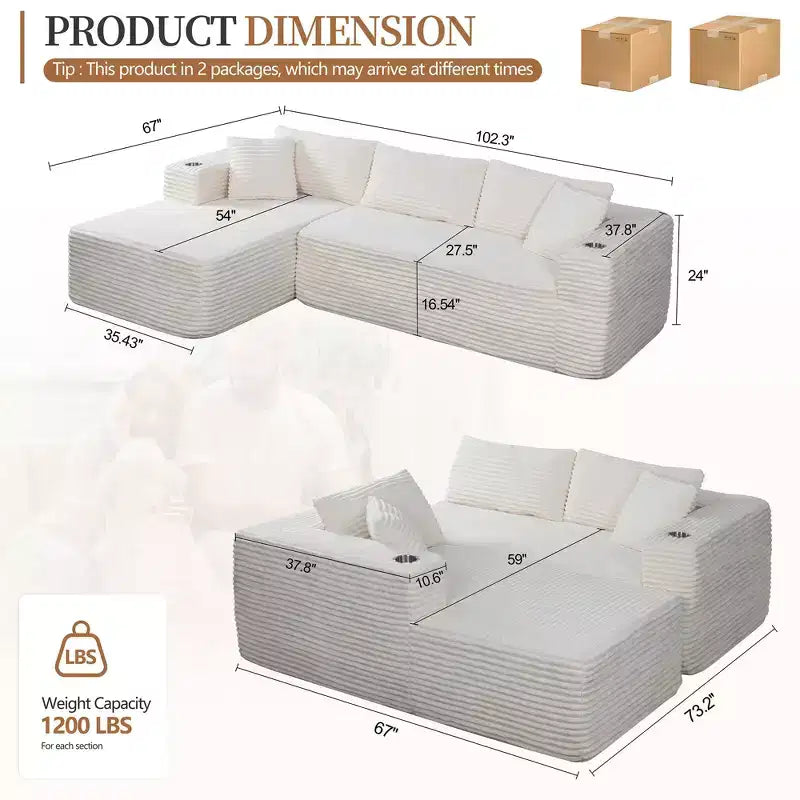 Divano componibile Celebalcony 103 Boneless, chaise longue a L con 2 portabicchieri, divani Cloud in velluto a coste felpato per soggiorno, nessun assemblaggio