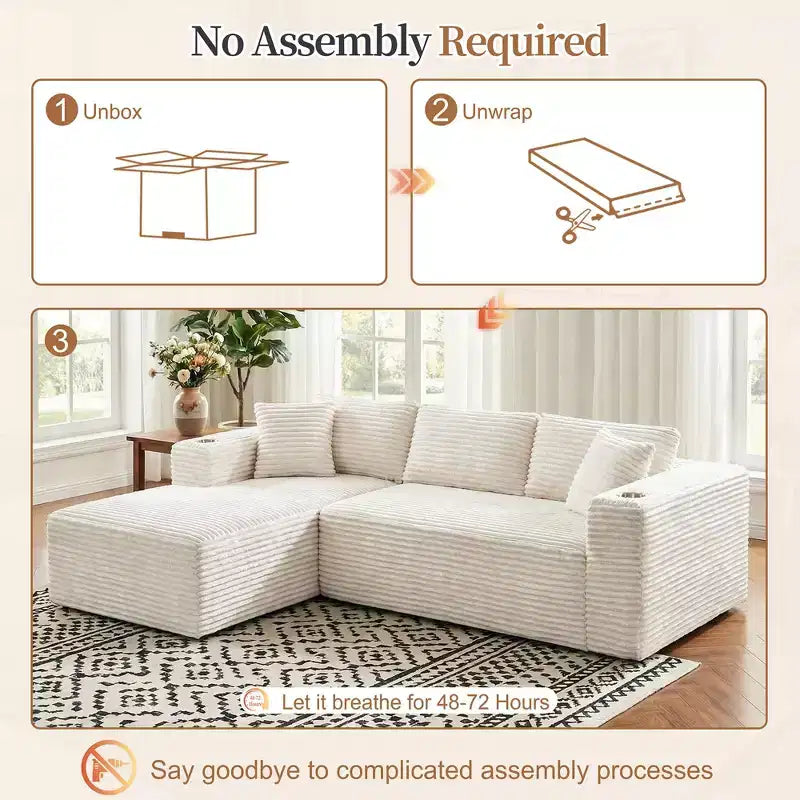 Divano componibile Celebalcony 103 Boneless, chaise longue a L con 2 portabicchieri, divani Cloud in velluto a coste felpato per soggiorno, nessun assemblaggio