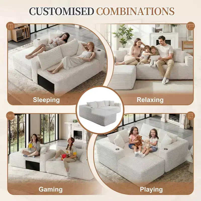 Divano componibile Celebalcony 103 Boneless, chaise longue a L con 2 portabicchieri, divani Cloud in velluto a coste felpato per soggiorno, nessun assemblaggio