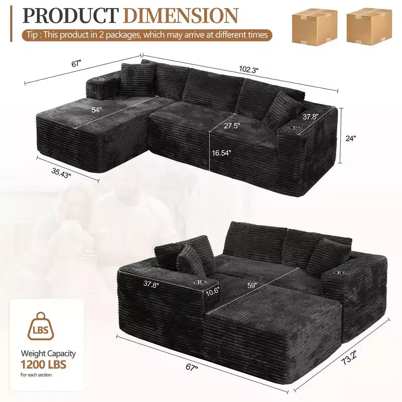 Divano componibile Celebalcony 103 Boneless, chaise longue a L con 2 portabicchieri, divani Cloud in velluto a coste felpato per soggiorno, nessun assemblaggio