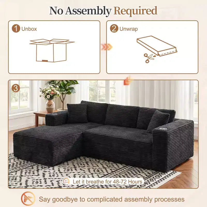 Divano componibile Celebalcony 103 Boneless, chaise longue a L con 2 portabicchieri, divani Cloud in velluto a coste felpato per soggiorno, nessun assemblaggio