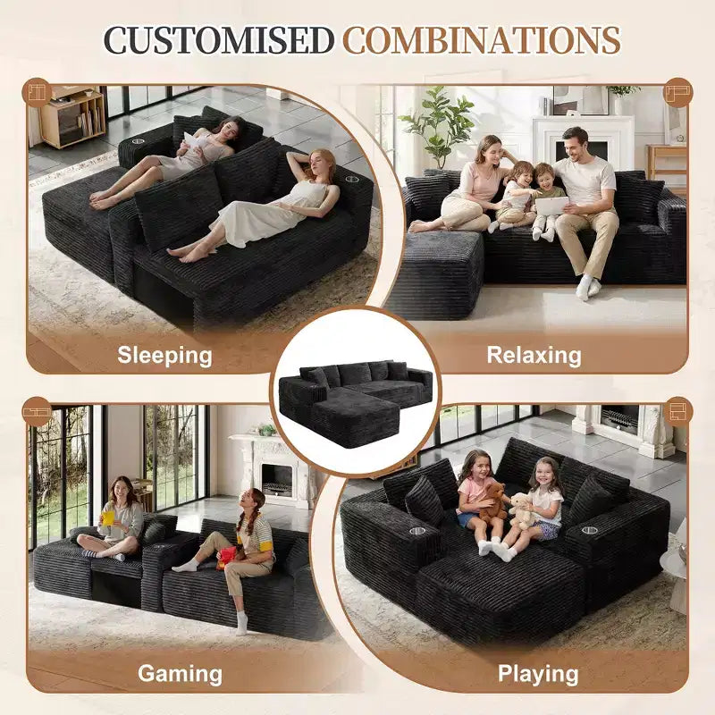Divano componibile Celebalcony 103 Boneless, chaise longue a L con 2 portabicchieri, divani Cloud in velluto a coste felpato per soggiorno, nessun assemblaggio