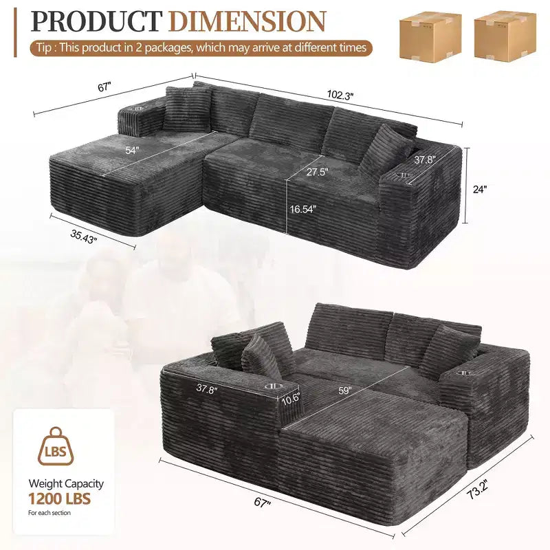 Divano componibile Celebalcony 103 Boneless, chaise longue a L con 2 portabicchieri, divani Cloud in velluto a coste felpato per soggiorno, nessun assemblaggio