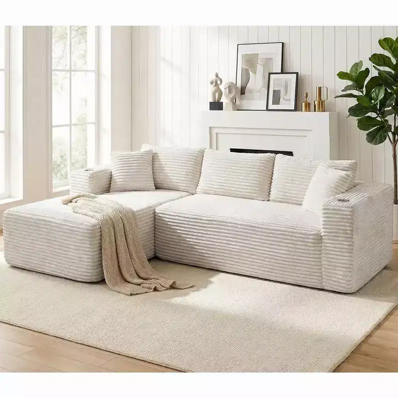 Divano componibile Celebalcony 103 Boneless, chaise longue a L con 2 portabicchieri, divani Cloud in velluto a coste felpato per soggiorno, nessun assemblaggio