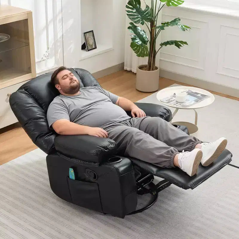 Poltrona Reclinabile Girevole a 360° con Massaggio e Riscaldamento, Recliner Oversize in Pelle PU con Tasche Laterali e Portabicchieri per Soggiorno, Cameretta