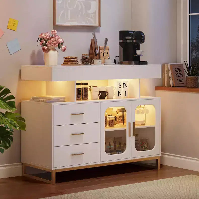 Modern Sideboard Buffet Cabinet with Auto-Sensor RGB LED Lights & Built-in Charging Station, Coffee Bar Table with Storage, 3 Drawers & 2 Doors