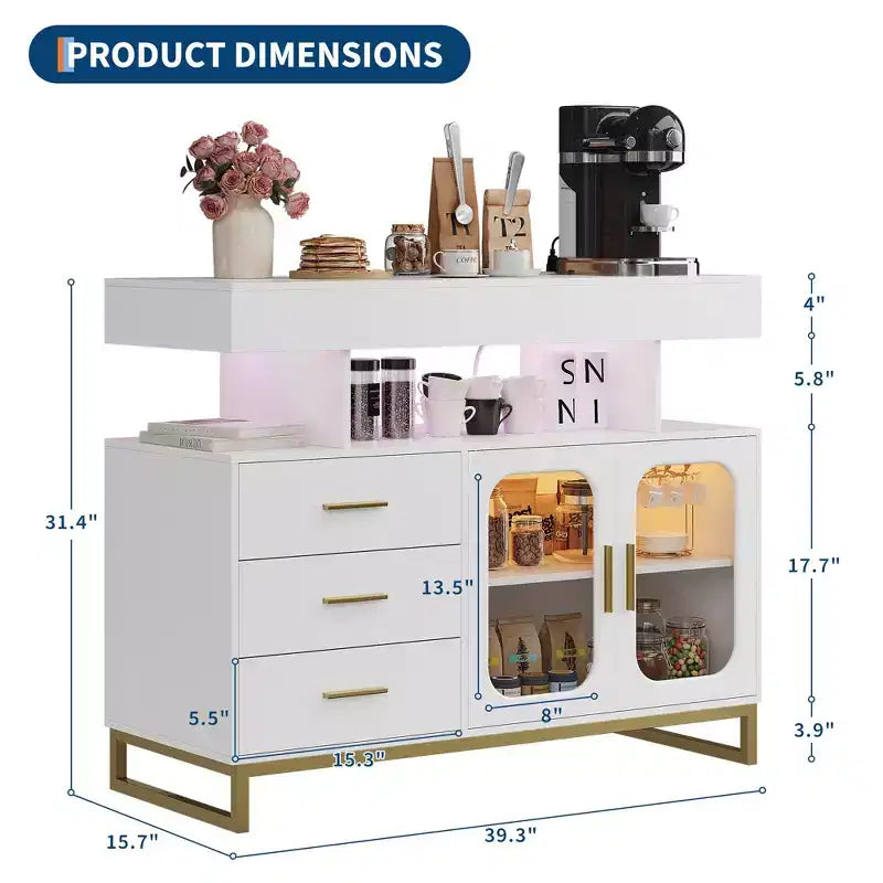 Mobile buffet moderno con luci LED RGB a sensore automatico e stazione di ricarica integrata, tavolino da caffè con contenitore, 3 cassetti e 2 ante