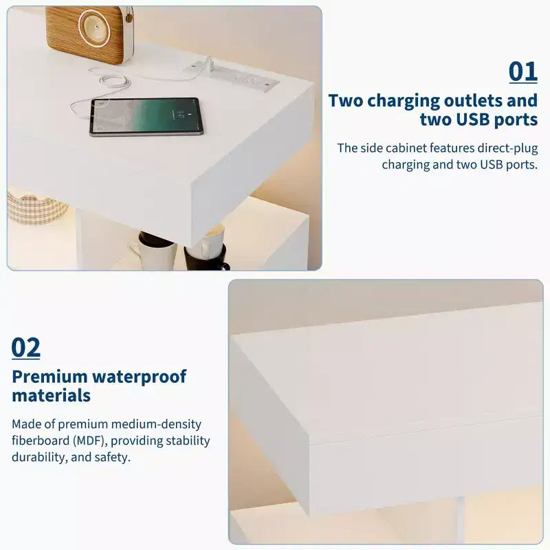 Mobile buffet moderno con luci LED RGB a sensore automatico e stazione di ricarica integrata, tavolino da caffè con contenitore, 3 cassetti e 2 ante
