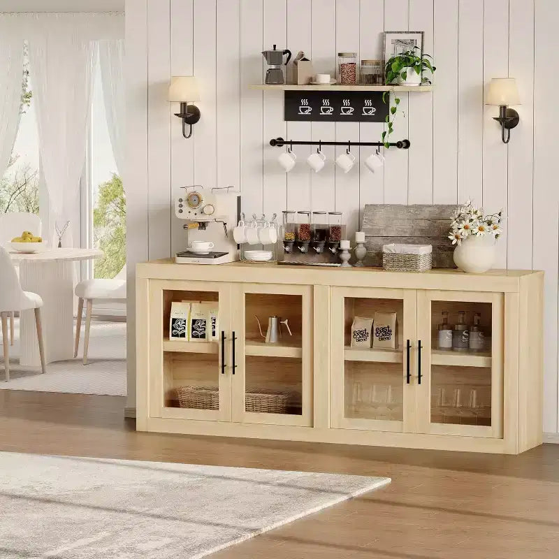 Madia da corridoio, mobiletto a buffet, mobile bar, consolle per caffè, madia da cucina con 4 ante in vetro, credenza, tavolo da buffet