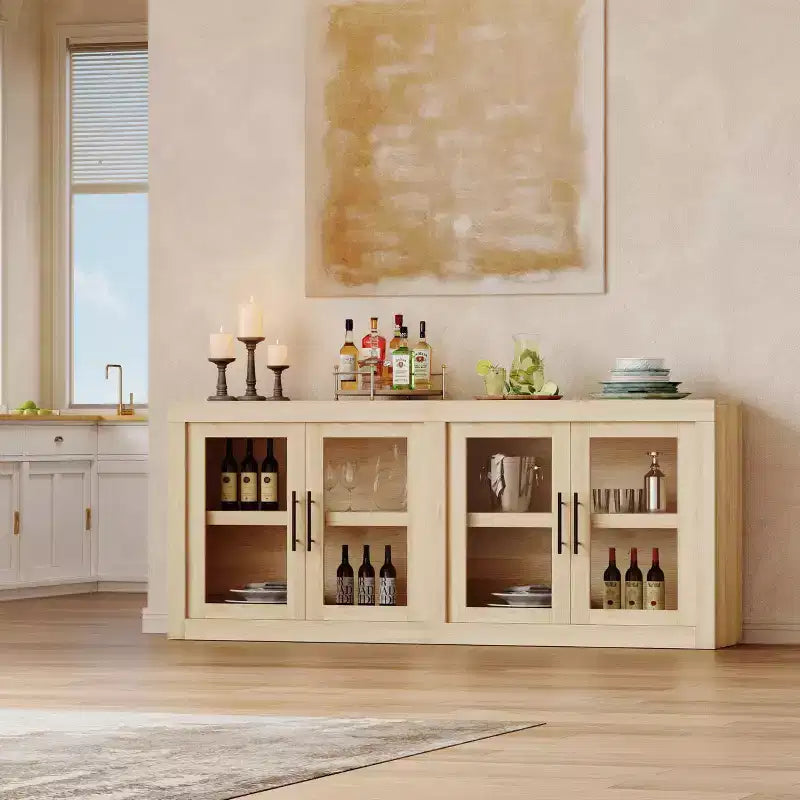 Madia da corridoio, mobiletto a buffet, mobile bar, consolle per caffè, madia da cucina con 4 ante in vetro, credenza, tavolo da buffet