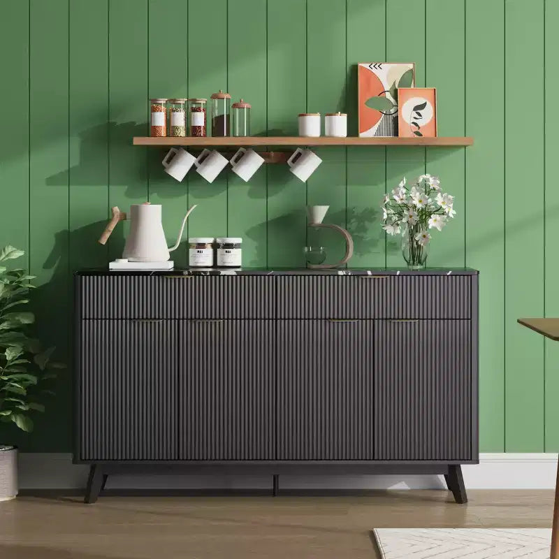 Credenza a canna da 60 pollici con 2 cassetti e 4 ante, mobile contenitore moderno per sala da pranzo, soggiorno, ingresso