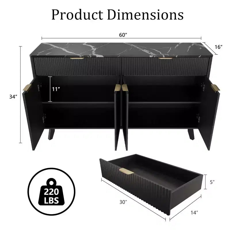 Credenza a canna da 60 pollici con 2 cassetti e 4 ante, mobile contenitore moderno per sala da pranzo, soggiorno, ingresso