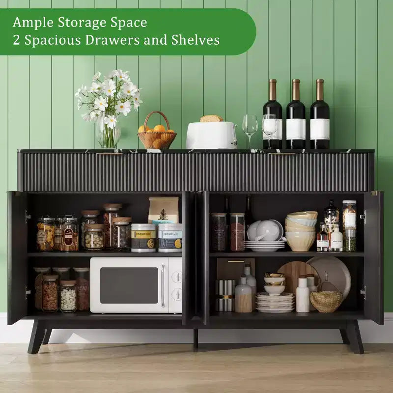 Credenza a canna da 60 pollici con 2 cassetti e 4 ante, mobile contenitore moderno per sala da pranzo, soggiorno, ingresso