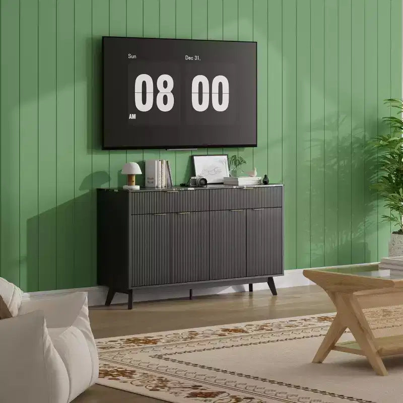 Credenza a canna da 60 pollici con 2 cassetti e 4 ante, mobile contenitore moderno per sala da pranzo, soggiorno, ingresso