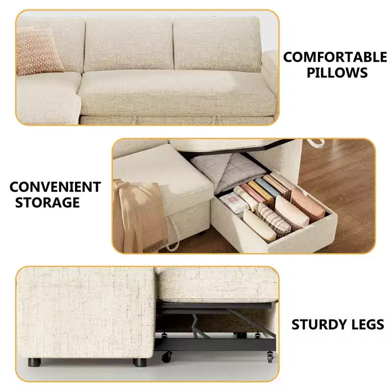 Dyonery Divano Letto, 82 Pollici Divano Estraibile con Schienale Reclinabile/Chaise Longue Reversibile con Contenitore, Divano a L 3 in 1, Montaggio Senza Attrezzi