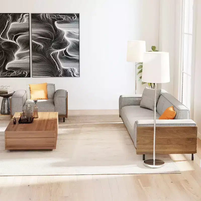 Set Mobili Soggiorno Moderno Mid-Century a 2 Pezzi - Divano a 3 Posti e Poltrona Imbottiti con Dettagli in Legno - Grigio Chiaro Gaoyangjiaju