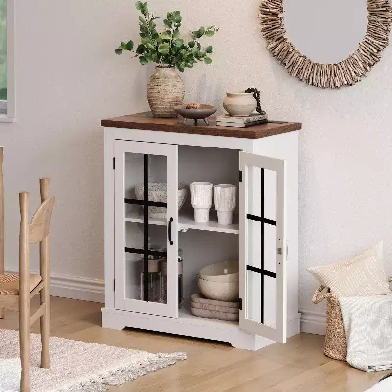 Madia Moderna Multifunzionale con Anta in Vetro con Design a Croce, Presa Elettrica Integrata, Credenza Contenitore per Soggiorno o Sala da Pranzo