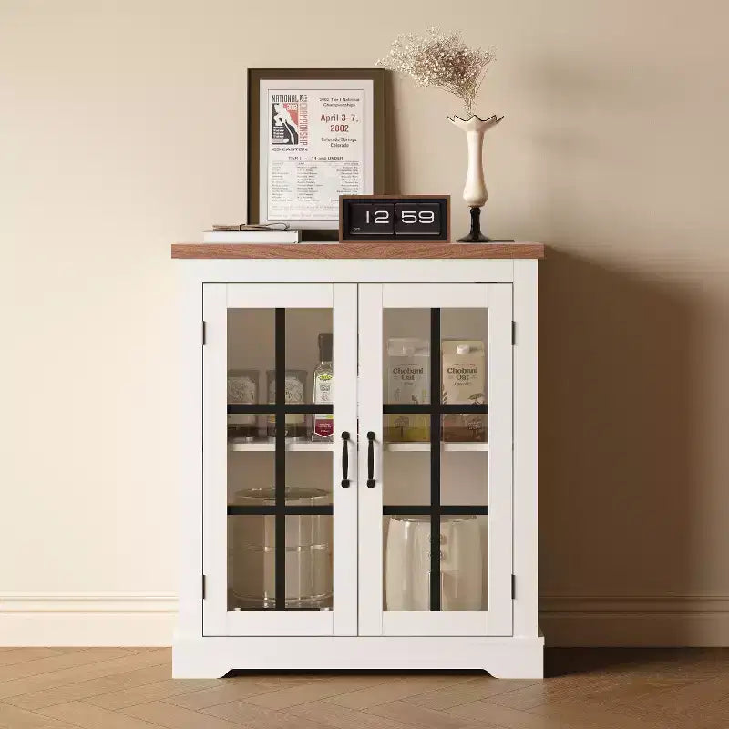 Madia Moderna Multifunzionale con Anta in Vetro con Design a Croce, Presa Elettrica Integrata, Credenza Contenitore per Soggiorno o Sala da Pranzo
