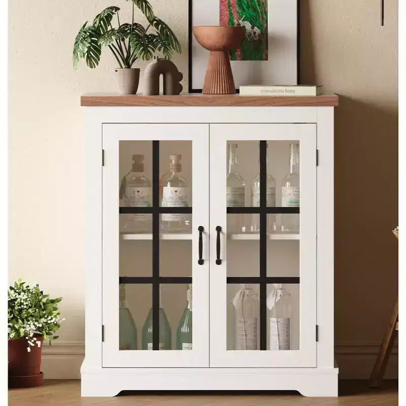 Madia Moderna Multifunzionale con Anta in Vetro con Design a Croce, Presa Elettrica Integrata, Credenza Contenitore per Soggiorno o Sala da Pranzo