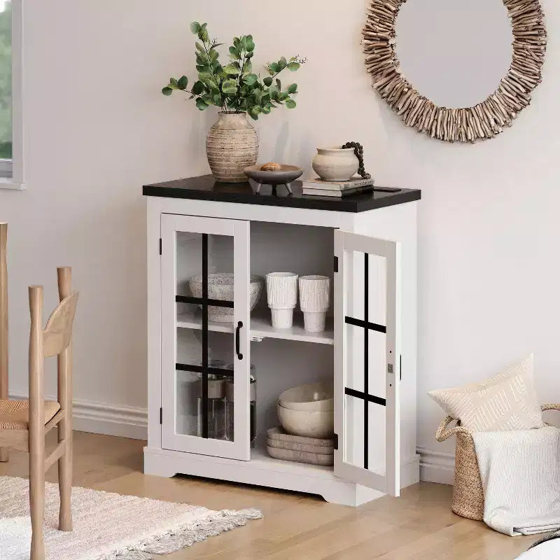 Madia Moderna Multifunzionale con Anta in Vetro con Design a Croce, Presa Elettrica Integrata, Credenza Contenitore per Soggiorno o Sala da Pranzo