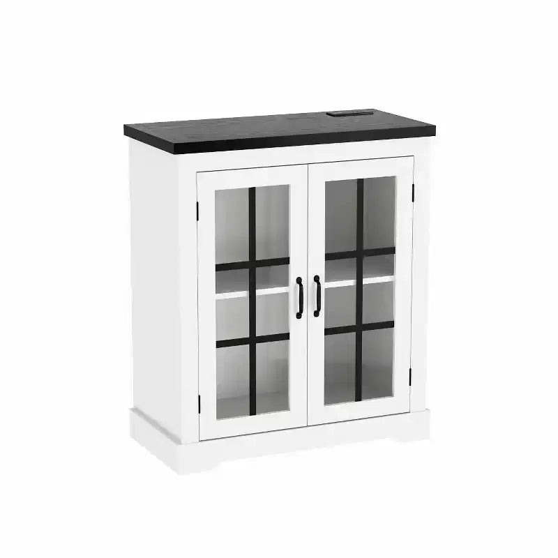 Madia Moderna Multifunzionale con Anta in Vetro con Design a Croce, Presa Elettrica Integrata, Credenza Contenitore per Soggiorno o Sala da Pranzo