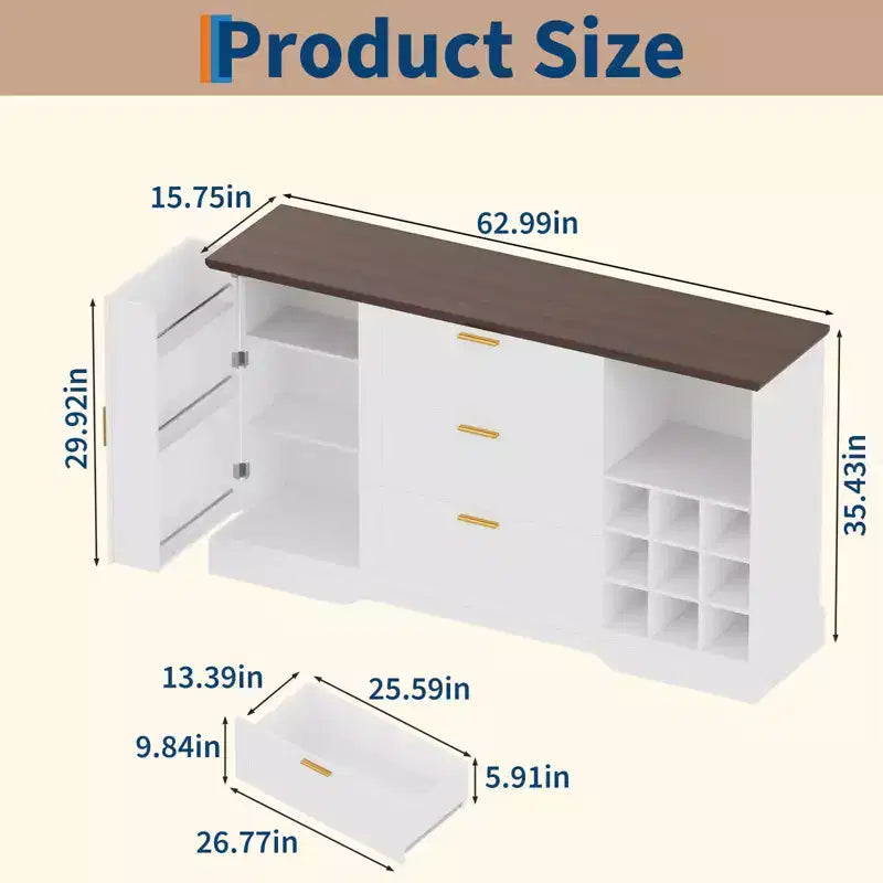 Buffet credenza da fattoria 63", coffee bar con ripiani regolabili e portabottiglie per la cucina