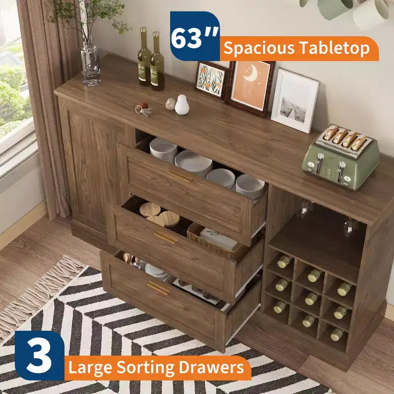 Buffet credenza da fattoria 63", coffee bar con ripiani regolabili e portabottiglie per la cucina