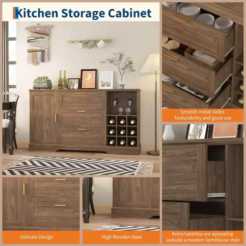 Buffet credenza da fattoria 63", coffee bar con ripiani regolabili e portabottiglie per la cucina