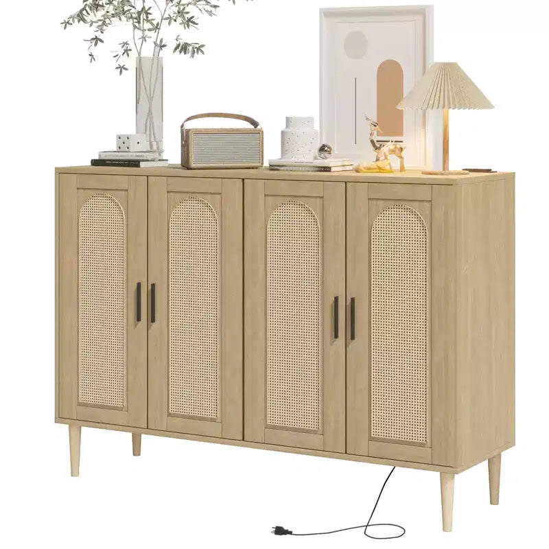 Boho Rattan Sideboard Buffet Cabinet with Power Outlet, 4 Door Storage Console Table with Adjustable Shelves for Entryway,Hallway, Dining Living Room