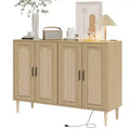 Boho Rattan Sideboard Buffet Cabinet with Power Outlet, 4 Door Storage Console Table with Adjustable Shelves for Entryway,Hallway, Dining Living Room