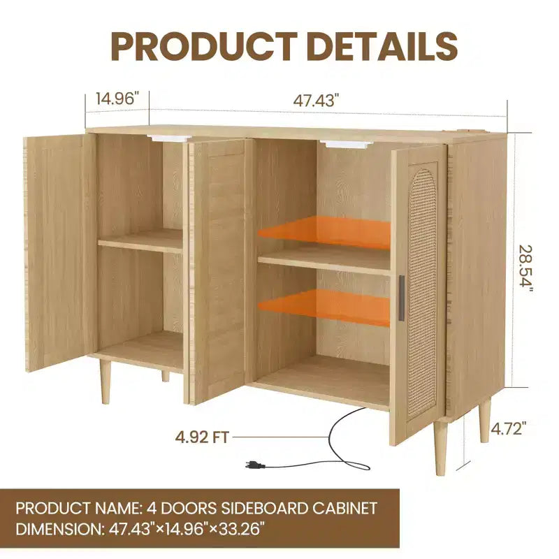 Mobile Credenza Buffet in Rattan Boho con Presa di Corrente, Consolle a 4 Ante con Ripiani Regolabili per Ingresso, Corridoio, Sala da Pranzo e Soggiorno