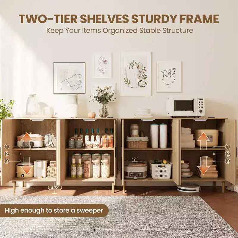 Mobile Credenza Buffet in Rattan Boho con Presa di Corrente, Consolle a 4 Ante con Ripiani Regolabili per Ingresso, Corridoio, Sala da Pranzo e Soggiorno
