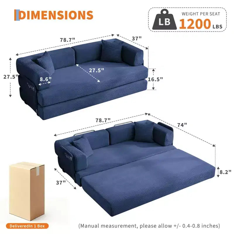 Divano Letto 5-in-1 Trasformabile in Velluto a Coste con Cuscini, Futon Pieghevole da 79" con Struttura Fissa e Braccioli Rimovibili per Piccoli Spazi, Nessun Montaggio
