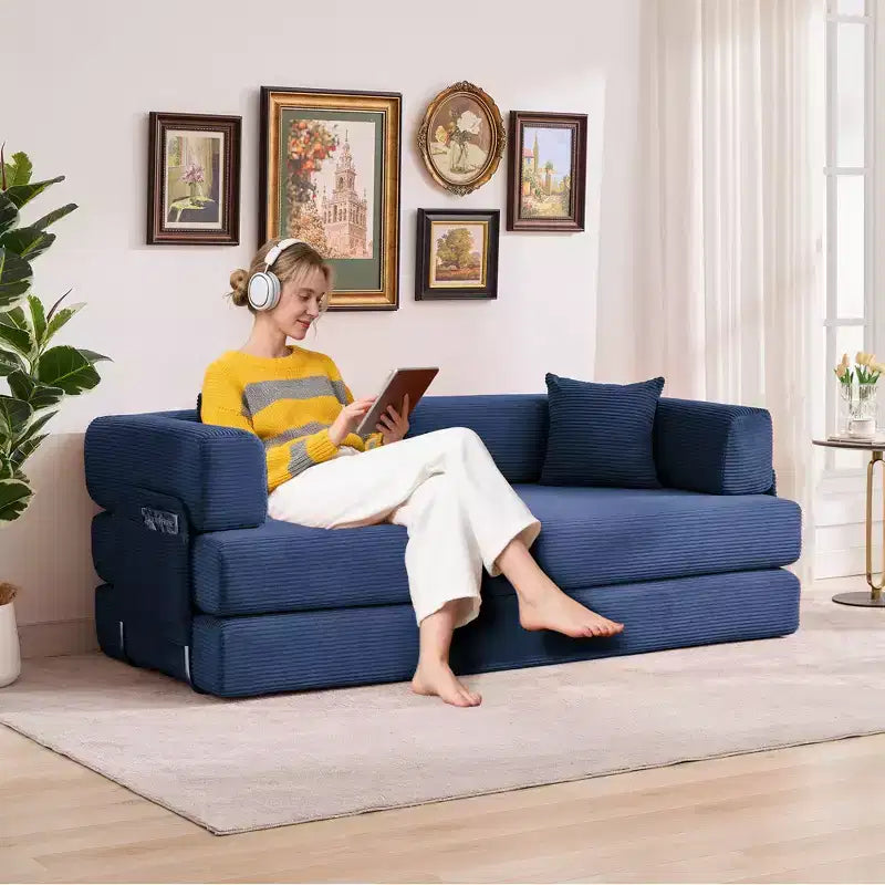 Divano Letto 5-in-1 Trasformabile in Velluto a Coste con Cuscini, Futon Pieghevole da 79" con Struttura Fissa e Braccioli Rimovibili per Piccoli Spazi, Nessun Montaggio