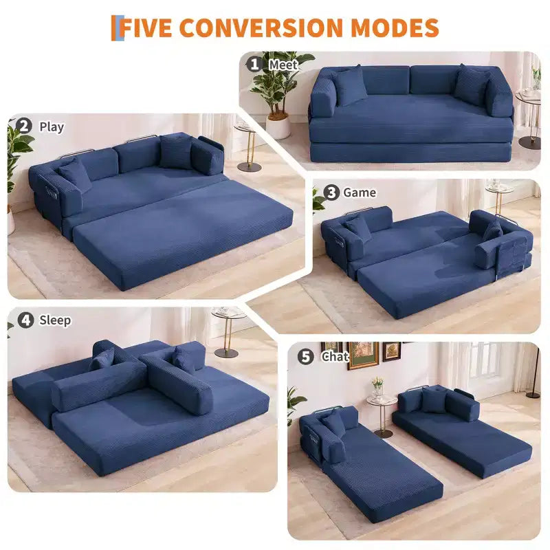 Divano Letto 5-in-1 Trasformabile in Velluto a Coste con Cuscini, Futon Pieghevole da 79" con Struttura Fissa e Braccioli Rimovibili per Piccoli Spazi, Nessun Montaggio
