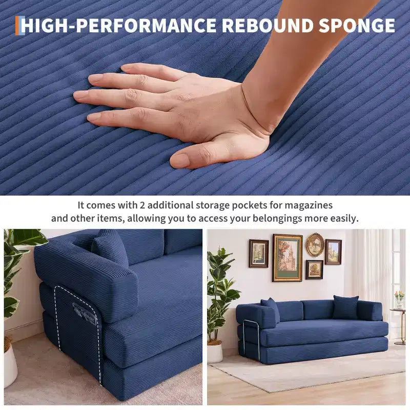 Divano Letto 5-in-1 Trasformabile in Velluto a Coste con Cuscini, Futon Pieghevole da 79" con Struttura Fissa e Braccioli Rimovibili per Piccoli Spazi, Nessun Montaggio